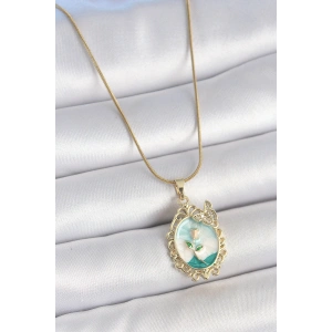 316L Çelik Gold Renk Zincir Mavi Mineli Çiçek İşlemeli Zirkon Taş Detaylı Portre Model Kadın Kolye - TJ-BKO10183