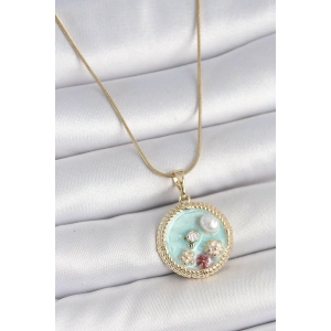 316L Çelik Gold Renk Zincir Mavi Mineli İnci Çiçek İşlemeli Zirkon Taş Detaylı Madalyon Model Kadın Kolye - TJ-BKO10174