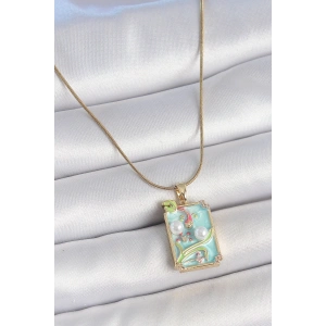 316L Çelik Gold Renk Zincir Mavi Mineli İncili Çiçek İşlemeli Portre Model Kadın Kolye - TJ-BKO10191