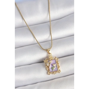 316L Çelik Gold Renk Zincir Mor Mineli Çiçek İşlemeli Zirkon Taşlı Kelebek Detay Portre Model Kadın Kolye - TJ-BKO10190