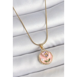 316L Çelik Gold Renk Zincir Pembe Minimal Çiçek İşlemeli İnci Detay Portre Model Kadın Kolye - TJ-BKO10129