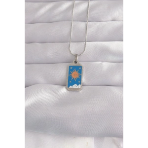 316L Çelik Gümüş Renk Mavi Mineli Güneş Model Tarot Kolye - TJ-BKO9042