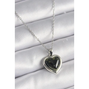 316L Çelik Gümüş Renk Yeşil Mineli Kalp Model Kadın Kolye - TJ-BKO9526