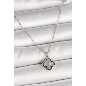 316L Çelik Gümüş Renk Zincir Zirkon Taşlı Yonca Model Kadın Kolye - TJ-BKO9975