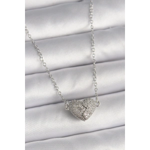 316L Çelik Gümüş Renk Zirkon Taşlı Mıknatıslı Kalp Model Kadın Kolye - TJ-BKO9727