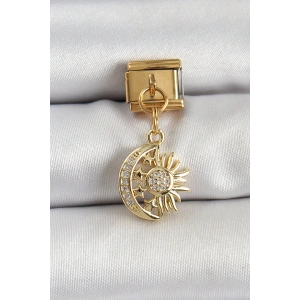 316L Çelik Sallantılı Zirkon Taşlı Ay Ve Güneş Model Gold Renk Nomination Charm - TJ-BC1411