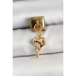 316L Çelik Sallantılı Zirkon Taşlı Eriyen Kalp Model Gold Renk Nomination Charm - TJ-BC1433