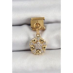 316L Çelik Sallantılı Zirkon Taşlı Kalp Detaylı Yıldz Model Gold Renk Nomination Charm - TJ-BC1415