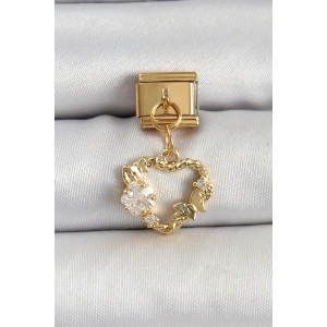 316L Çelik Sallantılı Zirkon Taşlı Kalp Model Gold Renk Nomination Charm - TJ-BC1409