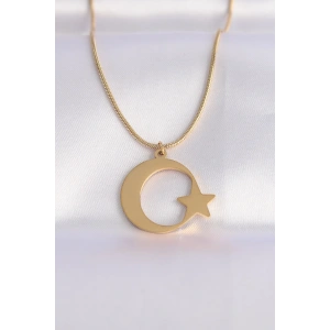 316L Çelik Zincir Gold Renk Ay Yıldız Unisex Kolye - TJ-BKO8699