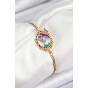 316L Çelik Zincir Mineli Sanatsal Portre Zirkon Taşlı Kelebek Detaylı Çiçek Model Gold Renk Kadın Bileklik - TJ-BB7224