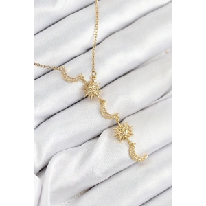 316L Çelik Zirkon Taşlı Güneş Ve Ay Model Gold Renk Kadın Kolye - TJ-BKO10548