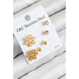 316L Çelik Zirkon Taşlı Kar Tanesi Model Gold Renk Kadın Set Küpe - TJ-BKP11122