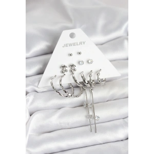 Gümüş Renk Pirinç 6lı Kadın Küpe Seti - TJ-BKP11341