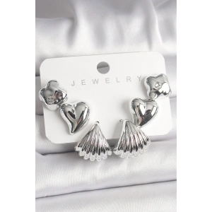 Gümüş Renk Yonca Kalp Deniz Kabuğu Figür CCB Kadın Küpe Seti - TJ-BKP10021