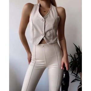 İki düğmeli deri yelek krem s243001