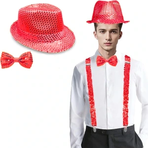 Kırmızı Payetli Şapka ve Papyon Seti – Parıltılı Yetişkin Kostüm Seti