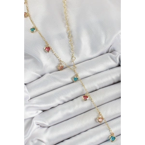 Pirinç Asorti Kalp Model Gold Renk Zirkon Taşlı Y Kolye - TJ-BKO10248