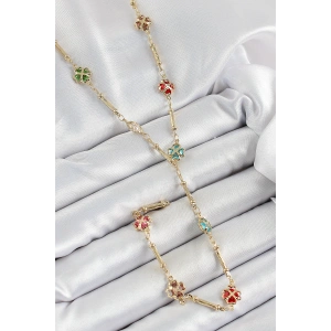 Pirinç Asorti Kalpli Yonca Model Gold Renk Zirkon Taşlı Y Kolye - TJ-BKO10255