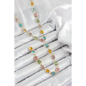 Pirinç Asorti Kare Model Gold Renk Zirkon Taşlı Y Kolye - TJ-BKO10253