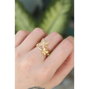 Pirinç Gold Renk Ayarlanabilir Zirkon Taşlı Kelebek Yüzük - TJ-BYK3190