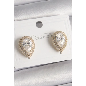 Pirinç Gold Renk Zirkon Taşlı Damla Model Kadın Küpe - TJ-BKP9917