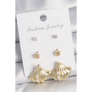 Pirinç Gold Renk Zirkon Taşlı İnci Detaylı Deniz Kabuğu Model 3 Çift Kadın Küpe Seti - TJ-BKP10617