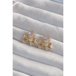 Pirinç Gold Renk Zirkon Taşlı Kalp Model Fiyonk Küpe - TJ-BKP9311