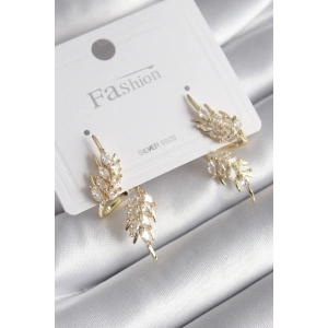 Pirinç Gold Renk Zirkon Taşlı Yaprak Model Kadın Küpe - TJ-BKP8607