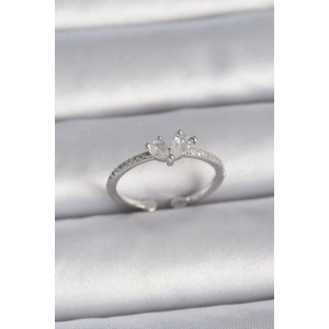 Pirinç Gümüş Renk Ayaralanabilir Zirkon Taşlı Kalp Model Kadın Yüzük - TJ-BYK3407