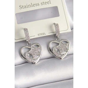 Pirinç Gümüş Renk Kalp Model Zirkon Taşlı Ay Yıldız İşlemeli Kadın Küpe - TJ-BKP9738