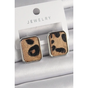 Pirinç Gümüş Renk Leopar Desenli Kare Model Kadın Küpe - TJ-BKP9888