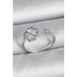 Pirinç Gümüş Renk Mavi Mineli Yonca Model Zirkon Taş Detay Ayarlanabilir Kadın Yüzük - TJ-BYK3750