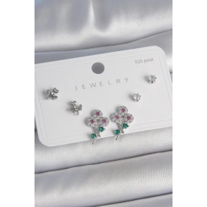 Pirinç Gümüş Renk Renkli Zirkon Taşlı Çiçek Model Yaprak Detay 925 Ayar Gümüş Çivi Kadın Küpe Seti - TJ-BKP10487