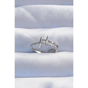 Pirinç Gümüş Renk Zirkon Taşlı 2li Görünüm Ayarlanabilir Yıldız Model Yüzük - TJ-BYK3244