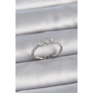 Pirinç Gümüş Renk Zirkon Taşlı Kalp İnci Detay Ayarlanabilir Model Kadın Yüzük - TJ-BYK3363