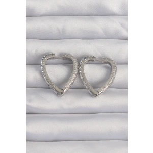 Pirinç Gümüş Renk Zirkon Taşlı Motifli Kalp Küpe - TJ-BKP9284
