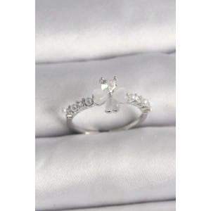 Pirinç Gümüş Renk Zirkon Taşlı Yonca Model İnci Detay Ayarlanabilir Yüzük - TJ-BYK3552