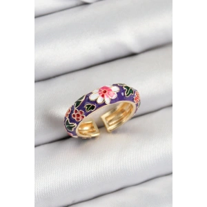 Pirinç Mor Mineli Çiçek Motifli Gold Renk Ayarlanabilir Kadın Yüzük - TJ-BYK3803