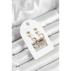 Pirinç Zirkon Taş Ve Kalp Figürlü Gold Renk 3lü Çift Kadın Küpe Set - TJ-BKP10650