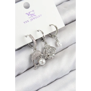 Pirinç Zirkon Taşlı 3lü Yunus Balığı Ve İstiridye Model Gümüş Renk Kadın Küpe - TJ-BKP11127