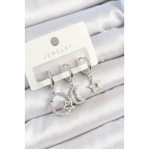 Pirinç Zirkon Taşlı Ay Ve Yıldız Model Gümüş Renk 3lü Çift Kadın Küpe Set - TJ-BKP10797