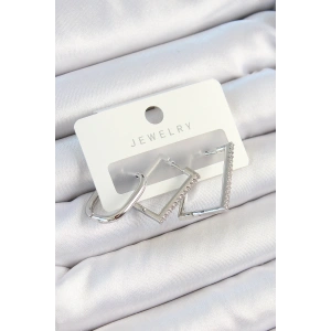 Pirinç Zirkon Taşlı Dikdörtgen Model Gümüş Renk 3lü Çift Kadın Küpe Set - TJ-BKP10802