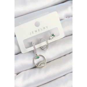 Pirinç Zirkon Taşlı Göz Ve Baykuş Model Gümüş Renk 3lü Çift Kadın Küpe Set - TJ-BKP10795
