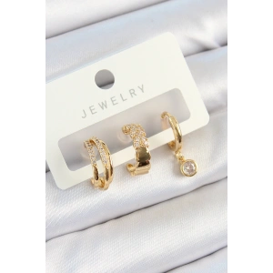 Pirinç Zirkon Taşlı Halka Model Gold Renk 3lü Çift Kadın Küpe Set - TJ-BKP10826