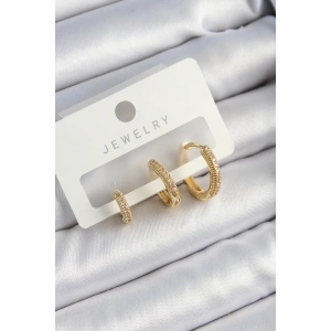 Pirinç Zirkon Taşlı Halka Model Gold Renk 3lü Çift Kadın Küpe Set - TJ-BKP10832