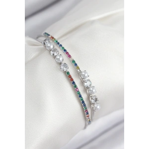 Pirinç Zirkon Taşlı İnci Model Gümüş Renk Kadın Bileklik - TJ-BB7876