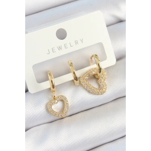 Pirinç Zirkon Taşlı Kalp Model Gold Renk 3lü Çift Kadın Küpe Set - TJ-BKP10825