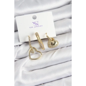 Pirinç Zİrkon Taşlı Kalp Model Gold Renk 3lü Kadın Küpe - TJ-BKP10936