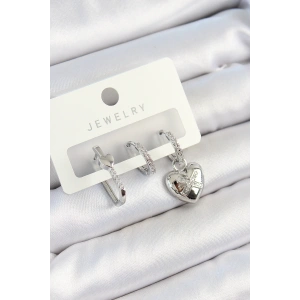 Pirinç Zirkon Taşlı Kalp Model Gümüş Renk 3lü Çift Kadın Küpe Set - TJ-BKP10794